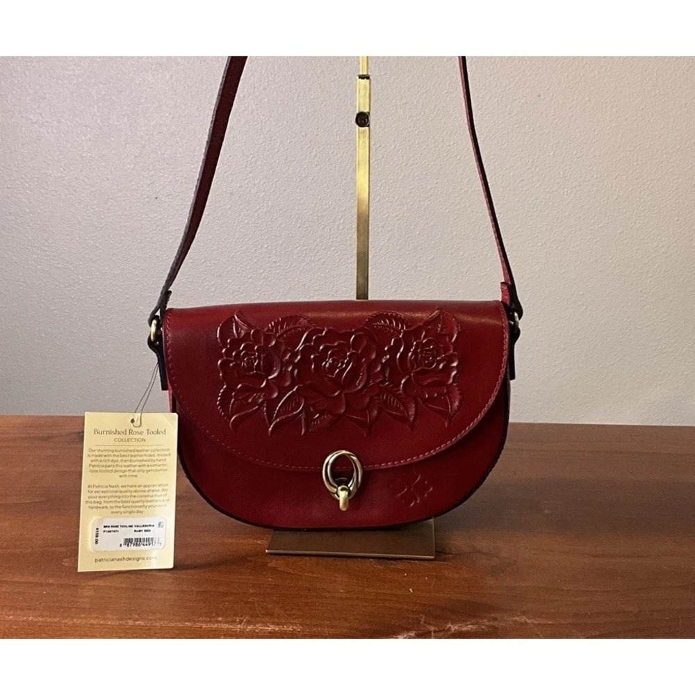 NWT Patricia Nash Rose Tooling Valledoria  Ruby Red Leather crossbody bag $159